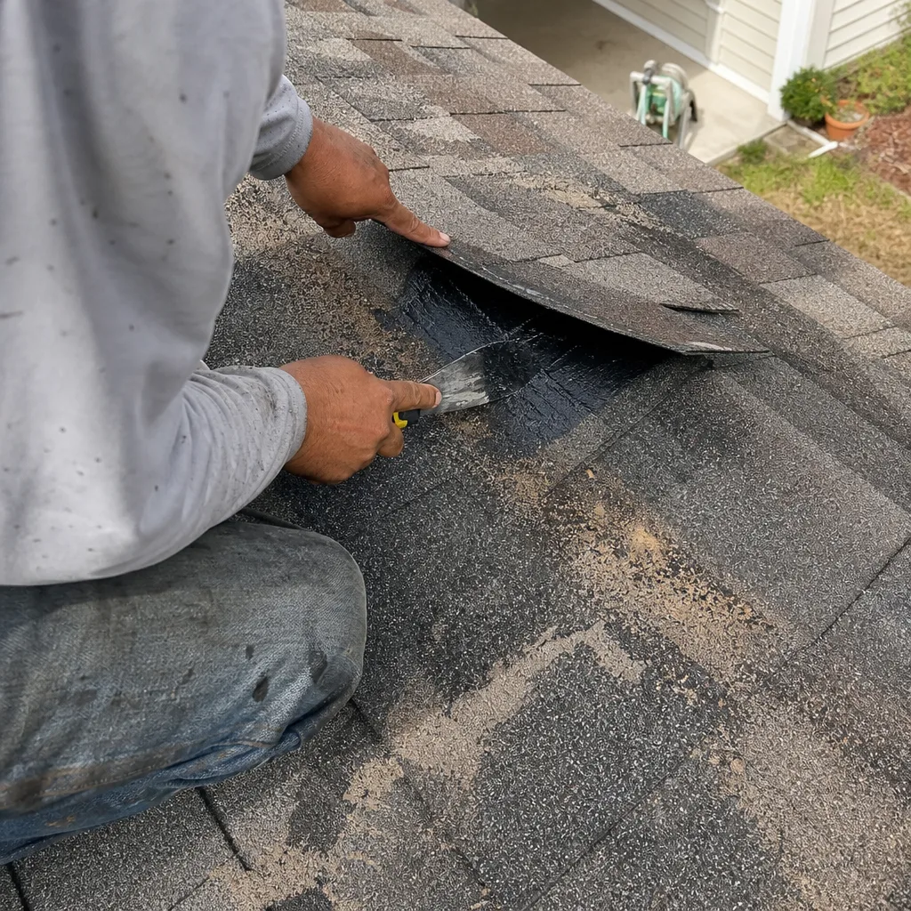 Roofer applying sealant under an asphalt shingle during a roof repair.
