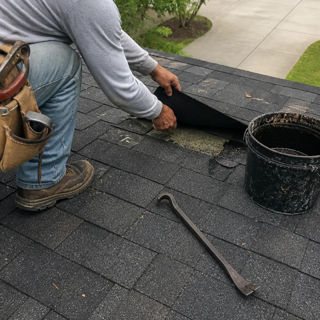 A roofing professional repairing shingles on a residential roof with a pry bar