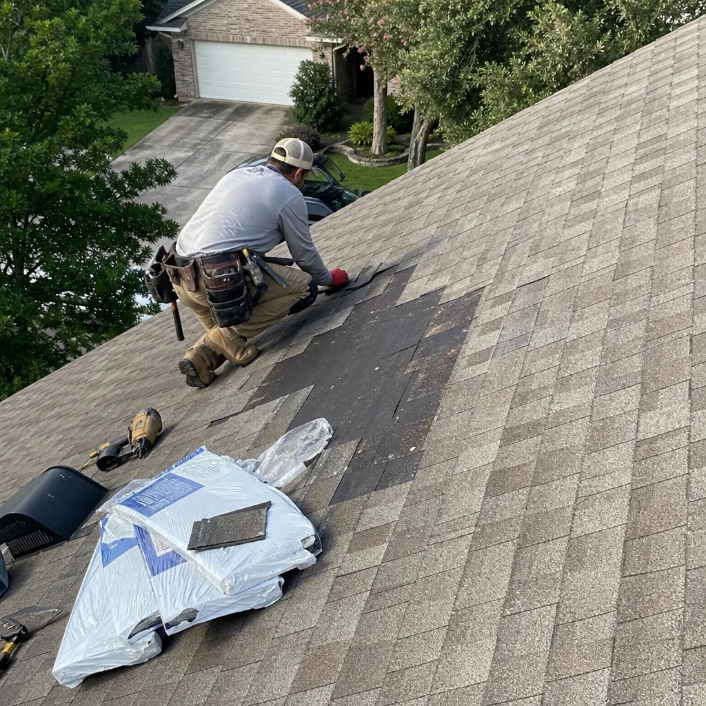 Professional roofer performing shingle roof repair and maintenance
