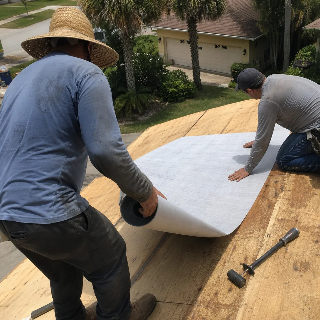 Roofers installing synthetic underlayment on a residential roof deck replacement.