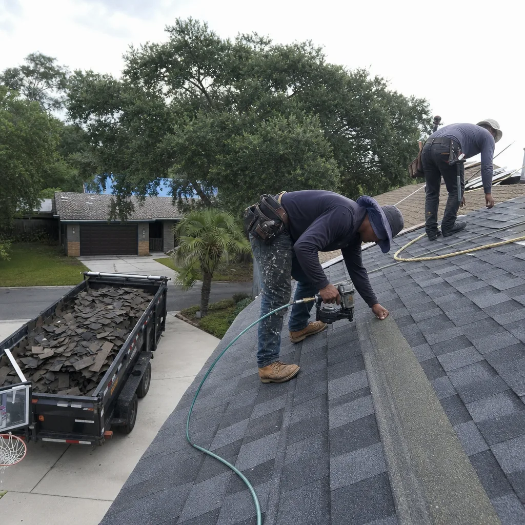 Two professional roofers installing new shingles during a residential roof replacement.