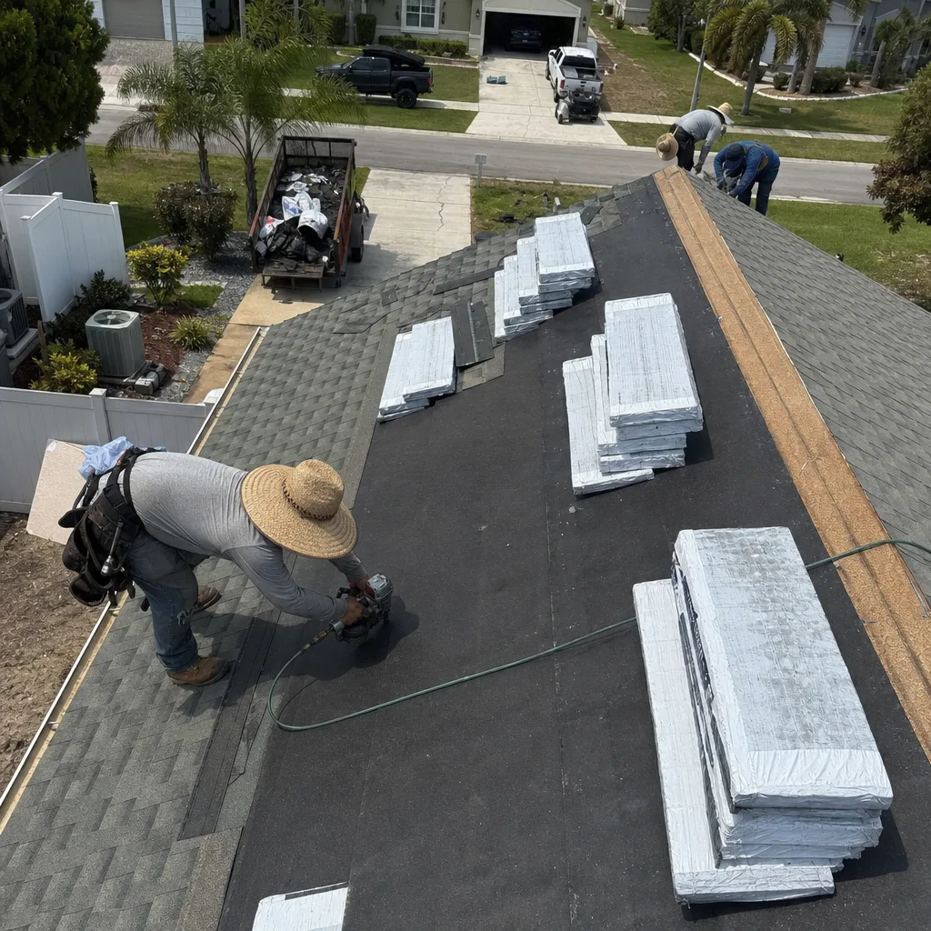 Professional roofers performing a residential roof replacement on a house roof