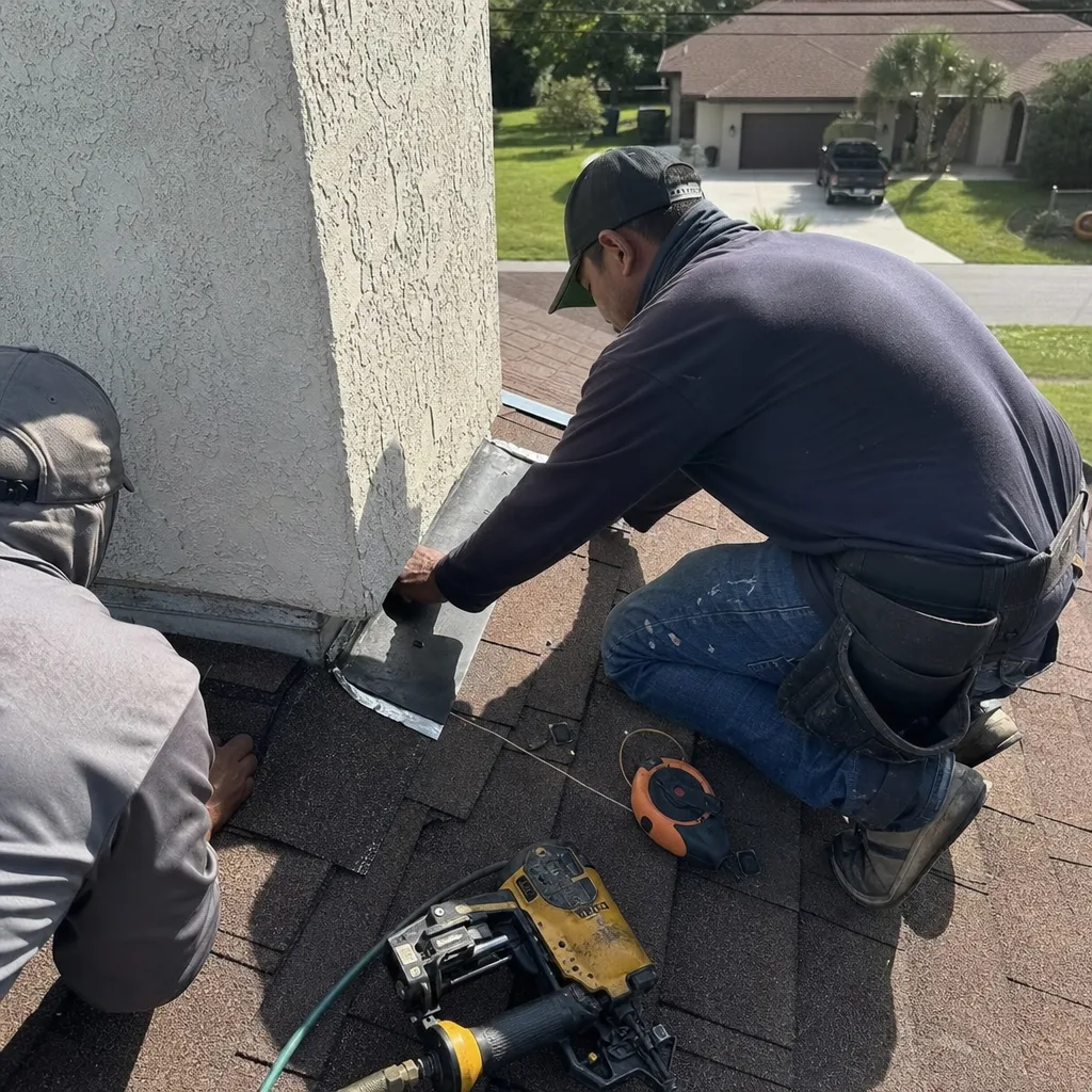 Professional roofers installing metal flashing around a chimney on a residential roof