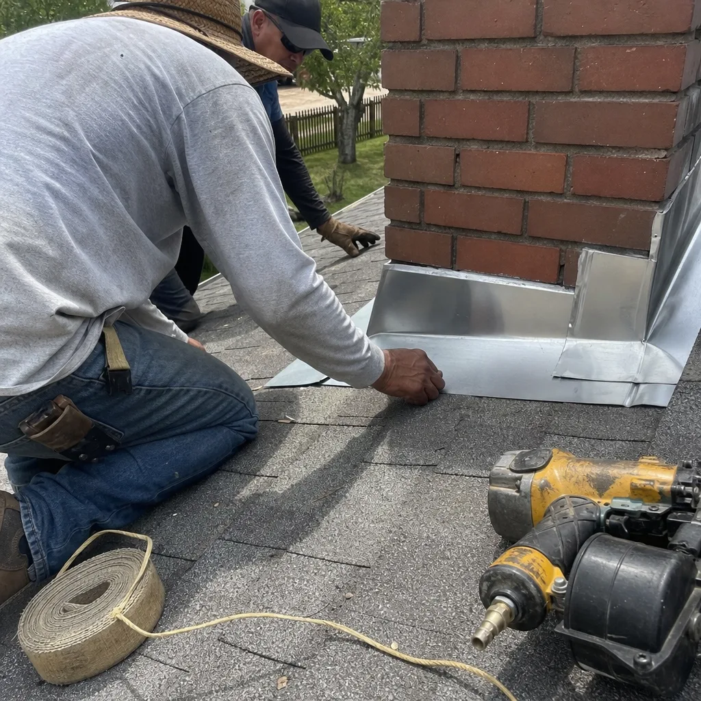 Roofers installing custom chimney flashing and metal roof repair