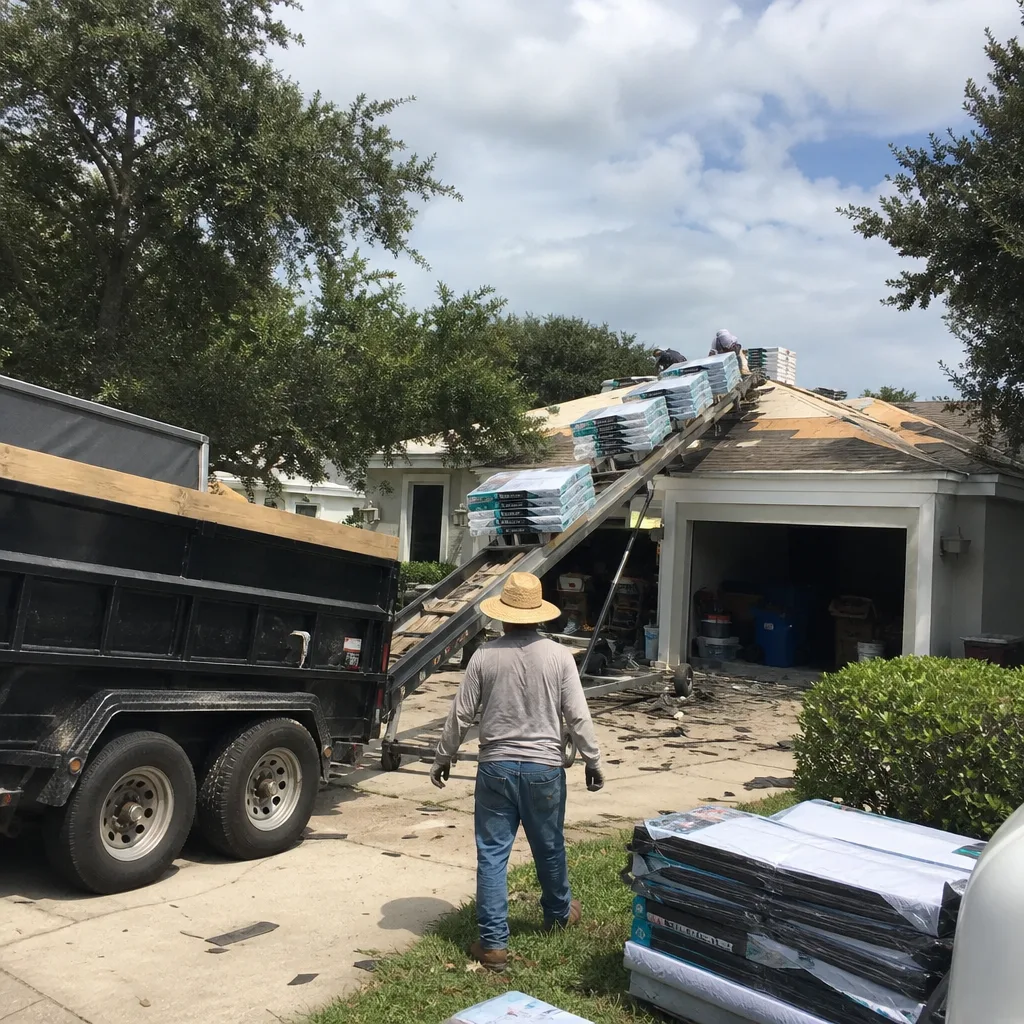 Roofing crew using a conveyor system to load shingles onto a roof
